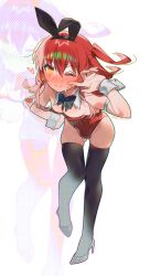 1girl @_@ absurdres animal_ears bare_shoulders black_bow black_bowtie black_thighhighs blush bocchi_the_rock! bow bowtie breasts collar collarbone covered_navel detached_collar embarrassed fake_animal_ears full_body hair_between_eyes hand_on_own_hip hand_up high_heels highleg highleg_leotard highres kita_ikuyo leaning_forward leotard looking_at_viewer medium_hair nose_blush one_eye_closed one_side_up orange_eyes playboy_bunny rabbit_ears red_hair red_leotard red_shoes shoes simple_background skindentation small_breasts sofa_(enogunomu) standing standing_on_one_leg thighhighs thighs white_background white_collar white_wrist_cuffs wrist_cuffs zoom_layer