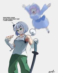 absurdres arm_wrap breasts commentary english_commentary english_text food green_eyes green_pants grey_hair highres holding holding_food holding_pizza holding_sword holding_weapon ikhonethe1 katana konpaku_youmu konpaku_youmu_(ghost) large_breasts medium_breasts motion_blur pants pizza pizza_slice saigyouji_yuyuko sports_bra sweat sword tank_top touhou weapon