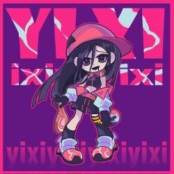 1girl asymmetrical_legwear baseball_cap black_eyes black_gloves black_hair black_socks black_thighhighs butcher_vanity_(synthesizer_v) food full_body glimony gloves hair_between_eyes hat headphones highres holding holding_food jacket long_hair looking_at_viewer meat open_mouth red_hat single_sock single_thighhigh smile socks solo synthesizer_v thighhighs uneven_legwear very_long_hair white_jacket yi_xi_(synthesizer_v)
