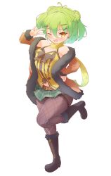 Rule 34 | 1girl, absurdres, antenna hair, bare shoulders, black boots, black pantyhose, black ribbon, boots, breasts, camisole, commentary, double bun, emil chronicle online, green hair, green skirt, hair bun, hand on own hip, highres, jacket, miniskirt, moran alma, one eye closed, open clothes, open jacket, open mouth, orange jacket, pantyhose, ribbon, silver-index, skirt, small breasts, v, white background, yellow camisole, yellow eyes