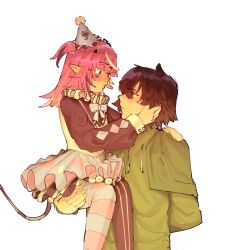 Rule 34 | 1boy, 1girl, black hair, blush, bow, bowtie, camila (vtuber), carrying, carrying person, carrying under arm, closed mouth, couple, demon girl, eye contact, face-to-face, facial mark, green hoodie, hand on another&#039;s cheek, hand on another&#039;s chin, hand on another&#039;s face, heart, heart facial mark, highres, hood, hoodie, horizontal-striped thighhighs, indie virtual youtuber, lifting person, looking at another, multicolored hair, otjareniy, pink hair, pointy ears, purple eyes, short hair, size difference, skirt, streaked hair, striped clothes, striped thighhighs, tail, thighhighs, two side up, vedal987, vedal ai, vertical-striped clothes, vertical-striped thighhighs, virtual youtuber, white hair