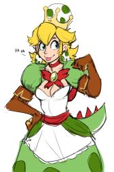 1girl blonde_hair blue_eyes breasts brooch choker cleavage crown dinosaur_girl dinosaur_tail dress earrings genderswap genderswap_(mtf) gloves jewelry mario_(series) medium_breasts new_super_mario_bros._u_deluxe nintendo speech_bubble super_crown tail tongue tongue_out yoshi