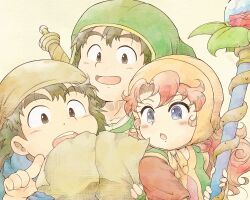 1girl 2boys 4ma4ma5ma :o black_eyes black_hair blue_cape blue_eyes bonnet brown_bonnet brown_hat cape commentary_request curly_hair dragon_quest dragon_quest_vii gabo green_hat hat hatching_(texture) hero_(dq7) holding holding_map holding_staff long_hair mage_staff map maribel_(dq7) medium_hair multiple_boys open_mouth orange_hair smile staff upper_body