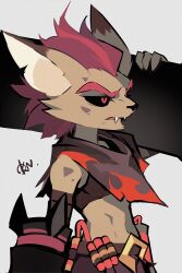 1boy afk_(series) afk_arena animal_ears artist_name black_sclera colored_sclera commentary commentary_request crop_top fangs furry furry_male highres kren_(afk) looking_to_the_side male_focus mouse_boy mouse_ears okn_369 open_mouth red_eyes