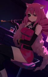 1girl absurdres animal_ear_fluff animal_ears bare_shoulders black_thighhighs boots breasts commentary dress drill_hair drill_sidelocks elbow_gloves gloves highres long_hair pink_eyes pink_hair red_dress sidelocks sitting small_breasts smoking stella_hoshii syhan thighhighs va-11_hall-a very_long_hair zettai_ryouiki