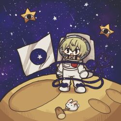 1girl animal astronaut black_eyes blush blush_stickers empty_eyes flag formal_clothes fur green_hair hammer heart helmet highres holding holding_hammer komeiji_koishi medium_hair moon night night_sky on_moon rabbit shirt shooting_star sky smile solo space space_helmet spacesuit star_(sky) star_(symbol) starry_sky suit third_eye touhou white_flag white_helmet white_rabbit_(animal) white_suit yellow_shirt zunusama
