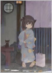 1girl absurdres animal_ears bag black_cat black_eyes black_hair blue_kimono border borrowed_character brown_footwear cat cat_ears child commentary_request facial_mark film_grain full_body geta hair_bobbles hair_ornament highres holding japanese_clothes kimono long_sleeves mani_tamlyn medium_hair obi one_side_up open_mouth original print_kimono sash shipi-chan shopping_bag solo standing whisker_markings white_border wide_sleeves