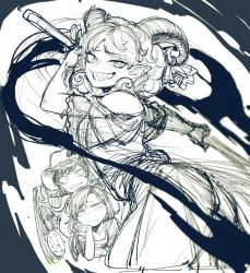 3girls annoyed antlers arched_back cowboy_hat cropped_legs curly_hair detached_sleeves earrings hand_on_own_chin hat highres holding holding_spork horizontal_pupils horn_ornament horn_ribbon horns jewelry kicchou_yachie kurokoma_saki looking_at_another looking_at_viewer monochrome multiple_girls oil oversized_object pegasus_wings pointy_ears rectangular_pupils ribbon sharp_teeth sheep_horns short_hair short_sleeves sketch skirt smile spacezin speech_bubble spork teeth touhou toutetsu_yuuma translation_request