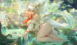 1girl azur_lane breasts brown_horns commentary cutesexyrobutts detached_sleeves dragon_girl dragon_horns dragon_tail forest highres horns large_breasts legs lifting_own_clothes long_hair mouth_hold nature outdoors patreon_logo patreon_username red_eyes shimanto_(azur_lane) solo tail thick_thighs thighs water waterfall white_hair white_sleeves