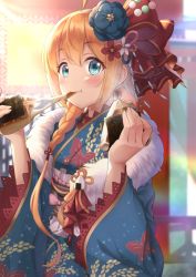 Rule 34 | 1girl, :t, ahoge, aqua eyes, blue flower, blue kimono, blurry, blush, braid, closed mouth, day, depth of field, eating, female focus, flower, flower knot, food, food request, hair flower, hair ornament, hair over shoulder, hair ribbon, holding, holding food, japanese clothes, kimono, lens flare, long hair, long sleeves, looking at viewer, obi, onigiri, orange hair, outdoors, pecorine (new year) (princess connect!), pecorine (princess connect!), princess connect!, print kimono, red flower, red ribbon, ribbon, sash, single braid, solo, steam, tassel, upper body, white flower, wide sleeves, yuririn poi