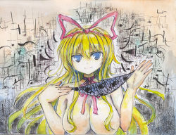 Rule 34 | 1girl, bad id, bad pixiv id, blonde hair, breasts, censored, convenient censoring, female focus, gap (touhou), hair censor, hair over breasts, hokamichi, large breasts, long hair, nude, ribbon, solo, taji (crowview), touhou, yakumo yukari
