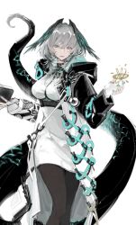 1girl aqua_eyes aqua_nails arknights black_pantyhose book breasts closed_mouth coat dress feathered_wings fingerless_gloves gloves grey_hair head_tilt head_wings highres ho&#039;olheyak_(arknights) holding holding_book hood hood_down kinno0515 large_breasts light_smile long_sleeves looking_at_viewer open_book open_clothes open_coat pantyhose powering_up short_hair simple_background snake_girl snake_tail solo standing tail wavy_hair white_background white_dress white_gloves wings