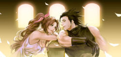1boy 1girl aerith_gainsborough bare_shoulders black_gloves black_hair blue_eyes braid braided_ponytail brown_hair closed_mouth commentary_request couple crisis_core_final_fantasy_vii cross_scar dress earrings elbow_rest facial_scar falling_petals final_fantasy final_fantasy_vii from_side gloves green_eyes hair_ribbon hair_slicked_back highres indoors jewelry korean_commentary long_hair looking_at_another necklace parted_bangs petals pink_ribbon ponytail ribbed_sweater ribbon scar scar_on_cheek scar_on_face sleeveless sleeveless_dress sleeveless_turtleneck spiked_hair stud_earrings sweater toned toned_male turtleneck turtleneck_sweater upper_body white_dress wondo_wando_ff7 yellow_petals zack_fair
