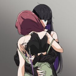 2girls absurdres aqua_eyes back bare_shoulders black_choker black_dress blunt_bangs bocchi_the_rock! braid choker closed_mouth colored_inner_hair detached_sleeves dot_nose dress goth_fashion goumonsha grabbing_another&#039;s_ass gradient_background green_dress groping hair_over_shoulder highres hime_cut hiroi_kikuri holding holding_brush hug long_hair long_sleeves looking_at_viewer multicolored_hair multiple_girls pa-san paint paint_on_body paintbrush purple_hair red_hair shaded_face simple_background single_braid sleeveless sleeveless_dress sleeves_past_wrists straight_hair strapless strapless_dress two-tone_hair upper_body very_long_hair