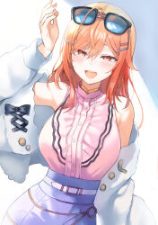 1girl absurdres belt blue_skirt blush center_frills coat eyewear_on_head frills fur-trimmed_coat fur_trim hair_ornament hairpin highres hololive hololive_dev_is ichijou_ririka ichijou_ririka_(1st_costume) looking_at_viewer mahou_io nail_polish open_mouth orange_eyes orange_hair orange_nails pink_shirt shirt skirt sleeveless sleeveless_shirt smile solo sunglasses virtual_youtuber white_belt white_coat