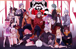 absurdres aoba_takeru apex_legends arisakaaa_(crazy_raccoon) black_footwear blonde_hair bow brown_hair character_request copyright_name couch crazy_raccoon crossed_arms daruma_is_god double_v fox_mask glasses hair_bow hair_ornament hairclip hat highres hololive hood hoodie horns mask mask_on_head multiple_boys multiple_girls naraka_(nijisanji) necktie nijisanji pink_eyes pink_hair purple_hair red_hoodie sitting skirt squatting standing tokoyami_towa tongue tongue_out twintails v vest virtual_youtuber wings