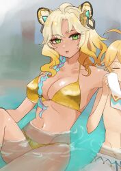 Rule 34 | 1boy, 1girl, absurdres, aether (genshin impact), ahoge, animal ears, armpits, bikini, blonde hair, blue eyes, braid, breasts, cleavage, closed eyes, collarbone, covered erect nipples, cowboy shot, ear piercing, earrings, eyebrows hidden by hair, eyes visible through hair, genshin impact, gold bikini, golden week, green eyes, highres, holding, holding towel, in water, jaguar ears, jaguar girl, jewelry, large breasts, lipstick, makeup, male swimwear, multicolored hair, navel, ohkrkr z, onsen, open mouth, piercing, pink lips, single braid, sitting, smile, streaked hair, swim trunks, swimsuit, towel, xilonen (genshin impact)