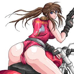 Rule 34 | 1girl, ass, bad id, bad pixiv id, belt, blue eyes, breasts, brown hair, cameltoe, capcom, claire redfield, female focus, fingerless gloves, gloves, gun, handgun, long hair, lowres, motor vehicle, motorcycle, pistol, ponytail, resident evil, resident evil 2, shorts, sideburns, solo, vehicle, wajurimosugaba, weapon