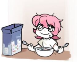1girl ayaanalien02 blush bowl box brown_background cereal cereal_box eating food food_on_face holding holding_spoon medium_hair messy_hair pink_hair skullgirls smile solo spoon table umbrella_(skullgirls) wide-eyed