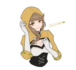Rule 34 | 1girl, black corset, braid, braided ponytail, breasts, brown hair, cleavage, corset, fire emblem, fire emblem engage, gloves, goldmary (fire emblem), hahm0106, hair ribbon, highres, hood, hood up, hooded top, large breasts, long hair, looking at viewer, low ponytail, mole, mole on breast, nintendo, ponytail, ribbon, solo, white gloves, white ribbon, yellow eyes