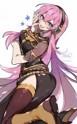 1girl black_dress black_thighhighs blue_eyes boots commentary dress from_side headset highres kawasaki_(kwsk_8765) kneeling long_hair looking_at_viewer megurine_luka open_mouth pink_hair see-through_clothes see-through_sleeves shoe_soles side_slit simple_background smile solo star_(symbol) teeth thighhighs thighs upper_teeth_only vocaloid white_background