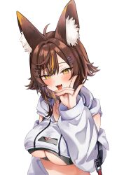 1girl ahoge animal_ear_fluff animal_ears black_sports_bra breasts brown_hair cleavage_cutout clothing_cutout cropped_sweater detached_sleeves drawstring fangs fox_ears fox_girl hair_intakes hair_ornament hairclip highres hood hooded_sweater indie_virtual_youtuber jewelry large_breasts long_sleeves looking_at_viewer medium_hair memidesuyo multicolored_hair necklace open_mouth puffy_sleeves shinonome_meto solo sports_bra streaked_hair sweater tongue tongue_out underboob underboob_cutout upper_body virtual_youtuber