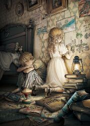 1boy 1girl bandaid bandaid_on_arm barefoot bed black_footwear blonde_hair book book_stack braid carpet child child&#039;s_drawing dress full_body highres indoors juliet_sleeves kobone_awaki lantern long_hair long_sleeves looking_at_another mary_janes original pants photo_(object) puffy_sleeves shirt shoes sitting striped_clothes striped_pants t-shirt twin_braids white_dress wooden_floor