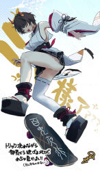 1girl black_hair blue_archive breasts broken_horn detached_sleeves earrings gradient_horns halo havi highres hoop_earrings horns japanese_clothes jewelry kickflip large_breasts mole mole_under_eye multicolored_horns niya_(blue_archive) okobo open_mouth orange_horns platform_sandals sandals short_hair sideless_kimono skateboard skateboarding