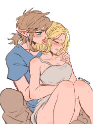 Rule 34 | 1boy, 1girl, aorin (riley17 a), bare shoulders, blonde hair, blue shirt, blush, braid, brown hair, brown pants, closed eyes, couple, dress, ear blush, ear licking, earrings, green eyes, hetero, highres, hug, hug from behind, jewelry, licking, link, nintendo, pants, pointy ears, ponytail, princess zelda, shirt, short hair, simple background, sweat, the legend of zelda, the legend of zelda: breath of the wild, the legend of zelda: tears of the kingdom, thighs, white dress