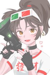 1girl 3d_glasses :d an-an_lee black_choker black_gloves black_hair choker choko_(1839) clothes_writing earrings eyewear_on_head fang fingerless_gloves gloves hands_up heart highres holding holding_microphone hoop_earrings jewelry looking_at_viewer medium_hair microphone open_mouth ponytail reverse:1999 shirt short_sleeves smile solo upper_body white_background white_shirt yellow_eyes