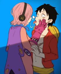1girl breasts cleavage highres huge_breasts kiss large_breasts monkey_d._luffy one_piece vinsmoke_reiju