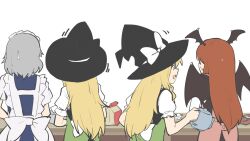 3girls apron black_hat black_vest blonde_hair blue_dress commentary_request cookie_(touhou) counter demon_girl demon_wings dress egg flour from_behind genpatsu_(cookie) grey_hair hat head_wings highres holding holding_teapot izayoi_sakuya kirisame_marisa koakuma leftame long_hair maid maid_headdress multiple_girls open_mouth puffy_short_sleeves puffy_sleeves red_hair shirt short_sleeves simple_background teapot touhou transparent_background upper_body uzuki_(cookie) vest white_apron white_shirt wings witch_hat yuzuyu_(cookie)