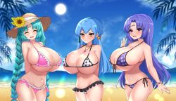 2021 3girls aqua_hair arm_up arms_behind_back ass bikini blue_hair braid breasts canal_vorfeed cardfight!!_vanguard cleavage closed_eyes closed_mouth collarbone cowboy_shot crossover dimension252525 embarrassed facial_mark forehead_mark frilled_bikini frilled_swimsuit frills gillian_chen happy hat highres horns huge_breasts jewelry long_hair looking_at_viewer lost_universe low_twintails multiple_girls open_mouth outdoors pendant pink_bikini polka_dot polka_dot_bikini polka_dot_swimsuit purple_eyes purple_hair reverie_vorfeed self-upload shiny_skin sidelocks sun_hat sweat swimsuit thighs tongue twin_braids twintails very_long_hair white_bikini yellow_eyes