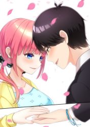 1boy 1girl absurdres black_hair black_necktie black_scrunchie black_suit blue_dress blue_eyes blunt_bangs blush bracelet breasts cardigan collarbone dress ear_piercing engagement_ring floral_print formal_clothes from_side go-toubun_no_hanayome happy happy_tears highres holding_hands jewelry kurosaki_coco large_breasts long_sleeves looking_at_another marriage_proposal nakano_nino necktie open_cardigan open_clothes petals piercing pink_hair raised_eyebrows scrunchie shirt simple_background sleeves_past_wrists smile suit tears twintails uesugi_fuutarou white_background white_shirt yellow_cardigan yellow_eyes