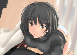 1girl all_fours amagami ass barefoot black_hair blanket blush bottomless brown_eyes messy_hair murasaki_iro nanasaki_ai naughty_face no_pants panties short_hair solo_focus turtleneck underwear