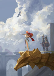 Rule 34 | 1girl, 2others, absurdres, ancient greek clothes, arm behind back, armor, augusta (wuthering waves), bare legs, breasts, chucky (chucky1000sun), cloud, cloudy sky, commentary request, dress, greco-roman clothes, guard, headgear, highres, holding, holding polearm, holding shield, holding weapon, legs, long hair, medium breasts, multiple others, outstretched arm, polearm, red hair, shield, signature, sky, spear, standing, weapon, white dress, wide shot, wrist guards, wuthering waves