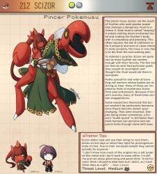 1boy 1girl artist_name black_hair breasts brown_background brown_hair character_name character_profile claws colored_skin commentary english_commentary english_text gen_2_pokemon highres horns japanese_clothes kinkymation long_hair medium_breasts nintendo personification poke_ball poke_ball_(basic) pokemon red_skin scizor very_long_hair