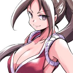 Rule 34 | 1girl, bare shoulders, breasts, brown eyes, brown hair, cleavage, closed mouth, collarbone, fatal fury, female focus, highres, ikaringo (ikaringo4444), japanese clothes, large breasts, long hair, looking at viewer, matching hair/eyes, pale skin, ponytail, shiranui mai, simple background, smile, snk, solo, the king of fighters, white background