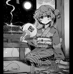 1girl asymmetrical_hair bare_shoulders choko_(cup) closed_mouth commentary_request cup double_bun food greyscale hair_bun hair_ornament hand_fan holding holding_fan incense_burner indoors japanese_clothes kimono long_sleeves looking_at_viewer lotus_eaters medium_hair mizumoto_tadashi monochrome moon night night_sky obi obijime okunoda_miyoi plate sash seiza sitting sky smile smoke solo tokkuri touhou wagashi whale_hair_ornament wide_sleeves youkan_(food)