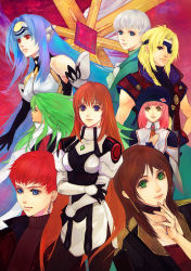 00s 3boys 5girls bad_id bad_pixiv_id bandai_namco bartholomew_fatima billy_lee_black blonde_hair blue_hair brown_hair elhaym_van_houten emerada_(xenogears) gaignun_kukai_jr. green_hair hair_over_shoulder jr. kamemushi kos-mos long_hair momo_mizrahi monolith_soft multiple_boys multiple_girls orange_hair pantyhose pink_hair red_hair shion_uzuki short_hair silver_hair square_enix xeno_(series) xenogears xenosaga