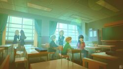 2boys 4girls alina_l amagi_yukiko black_hair brown_hair chair classroom closed_eyes commentary english_commentary grey_hair grin hairband hanamura_yousuke long_hair multiple_boys multiple_girls narukami_yu persona persona_4 red_hairband satonaka_chie sitting smile suitcase table teeth