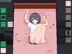 1girl animated animated_gif arms_up barefoot bed black_hair black_shorts blue_eyes blush bow bow_panties fake_screenshot feet female_focus gameplay_mechanics gluteal_fold loli looking_at_viewer lying on_back original panties partially_visible_vulva pillow pixel_art sex_toy shirt short_hair shorts solo sotie spread_legs striped_clothes striped_panties toes underwear undressing user_interface vibrator white_shirt