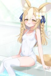1girl 4kimizuki absurdres amemochi_nina animal_ear_fluff animal_ears blue_ribbon blush braid breasts brown_eyes brown_hair commentary covered_navel flower fox_ears fox_girl fox_tail hair_flower hair_ornament hairclip highres long_hair multicolored_hair one-piece_swimsuit open_mouth pool poolside ribbon school_swimsuit sitting small_breasts smile solo streaked_hair swimsuit tail thighs twin_braids varium virtual_youtuber white_hair white_one-piece_swimsuit