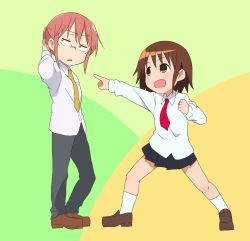 10s 2girls absurdres brown_hair crossover glasses highres kicchi_(tmgk) kill_me_baby kobayashi-san_chi_no_maidragon kobayashi_(maidragon) multiple_girls necktie open_mouth oribe_yasuna pointing red_hair red_necktie school_uniform short_hair skirt tamura_mutsumi voice_actor_connection