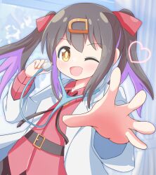 1girl ;d beenyan_1203 belt black_hair bolo_tie brown_eyes coat commentary foreshortening hair_ribbon heart highres lab_coat long_hair looking_at_viewer multicolored_hair one_eye_closed onii-chan_wa_oshimai! open_clothes open_coat open_mouth outstretched_arm oyama_mihari purple_hair red_ribbon red_shirt ribbon shirt smile solo stethoscope twintails two-tone_hair wing_collar