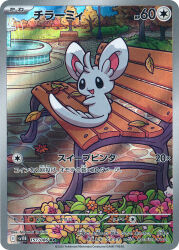 Rule 34 | :d, animal focus, artist name, autumn leaves, bench, card (medium), company name, copyright name, copyright notice, dot nose, flower, fountain, full body, gen 5 pokemon, grass, highres, leaf, looking back, minccino, natsumi color, nintendo, no humans, official art, on bench, open mouth, outdoors, park, park bench, pokemon, pokemon (creature), pokemon card, pokemon focus, pokemon tcg, smile, solo, third-party source, trading card, translation request, tree, water