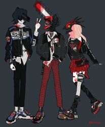 Rule 34 | 1girl, 2boys, a1syeo, alternate costume, bandaid, bandaid on leg, bat necklace, belt, black footwear, black hair, black jacket, black leg warmers, black pants, black shirt, blood, blood devil (chainsaw man), blood on clothes, blood on face, blood on leg, bloody weapon, boots, bracelet, chain, chainsaw, chainsaw man, collared shirt, cross, cross necklace, denji (chainsaw man), facing to the side, grey background, gun devil (chainsaw man), hair down, hand in pocket, hayakawa aki, jacket, jewelry, leg warmers, long hair, multiple belts, multiple boys, necklace, open mouth, pants, pink hair, plaid clothes, plaid pants, plaid skirt, power (chainsaw man), red pants, red skirt, sharp teeth, shirt, shirt partially tucked in, short hair, simple background, skirt, spiked bracelet, spikes, teeth, thigh belt, thigh strap, twitter username, v, weapon, white shirt