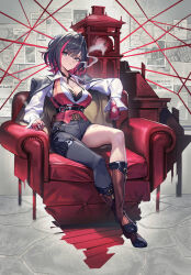 Rule 34 | 1girl, absurdres, aqua eyes, asymmetrical pants, belt, black bra, black coat, black hair, black pants, boots, bra, breasts, brown belt, brown boots, cigarette, cleavage, coat, colored inner hair, commentary request, cover, crossed legs, dress shirt, fingerless gloves, gesoking, gloves, highres, holding, holding cigarette, indoors, jacket, lace, lace-trimmed bra, lace trim, large breasts, looking at viewer, medium hair, multicolored hair, novel illustration, official art, on chair, open clothes, open coat, original, pants, red gloves, red hair, red jacket, shirt, sitting, smoking, solo, streaked hair, underwear, white shirt