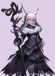 1girl animal_ears archon_mark brooch cat_ears copyright_notice dress facial_mark feather_hair_ornament feathers final_fantasy final_fantasy_xiv hair_ornament holding holding_staff jewelry looking_at_viewer mage_staff magic:_the_gathering miqo&#039;te nakamura_eight neck_tattoo short_hair simple_background solo staff tattoo whisker_markings white_hair y&#039;shtola_rhul