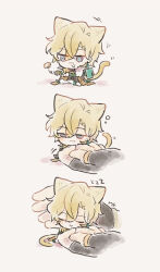 Rule 34 | 2boys, :3, :d, animal ears, aventurine (honkai: star rail), blonde hair, blue eyes, blush, borderless panels, cat boy, cat ears, cat tail, cheesegohanpan, chibi, chin rub, closed eyes, closing eyes, coat, coin, crossed bangs, dr. ratio (honkai: star rail), earrings, fingerless gloves, full body, fur scarf, gloves, hair between eyes, holding, honkai: star rail, honkai (series), jewelry, kemonomimi mode, male focus, mini person, miniboy, multicolored eyes, multiple boys, open mouth, pants, purple eyes, ringed eyes, short hair, single earring, sitting, sleeping, sleepy, smile, squeans, tail, two-tone eyes, zzz